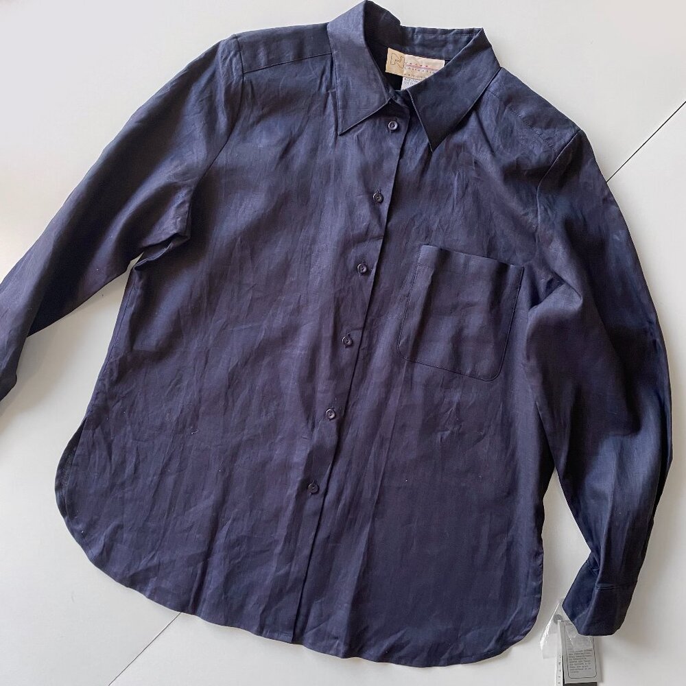 Nygård Collection 100% Linen Button Up Shirt Navy Blue Womens Petite 14